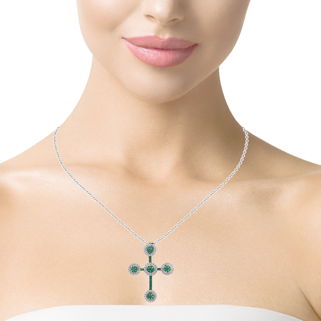 18k White Gold Tsavorites & White Diamonds Cross Pendant