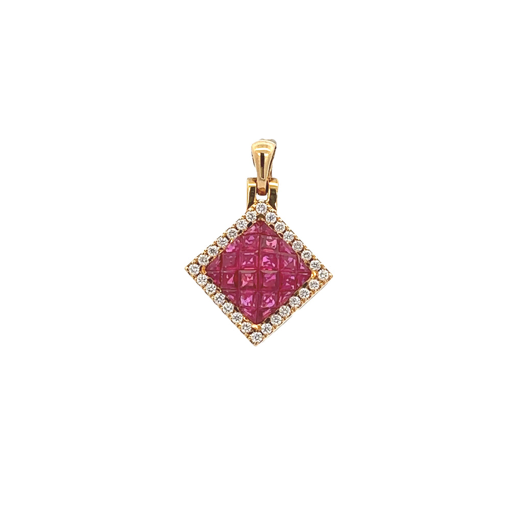 18k Yellow Gold Pendant & Chain, Unheated Natural Ruby & White Diamonds