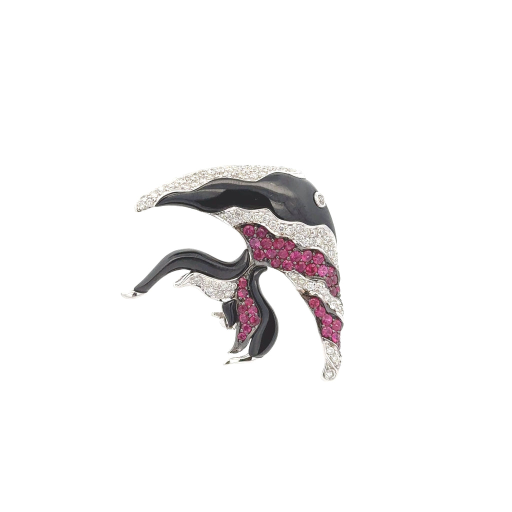 18k White Gold Ruby Onyx & White Diamonds Booches