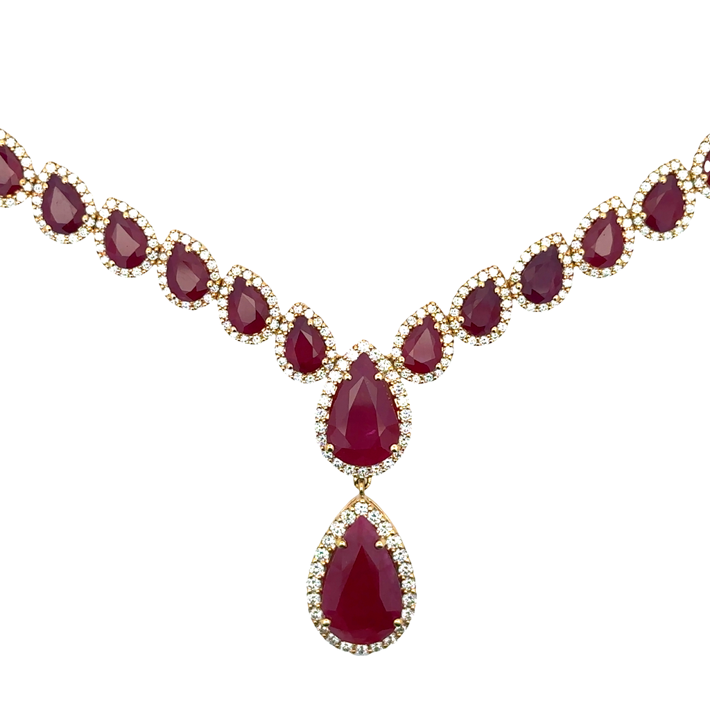 Stunning Pear Cut Ruby with White Diamonds Necklace Yellow Gold