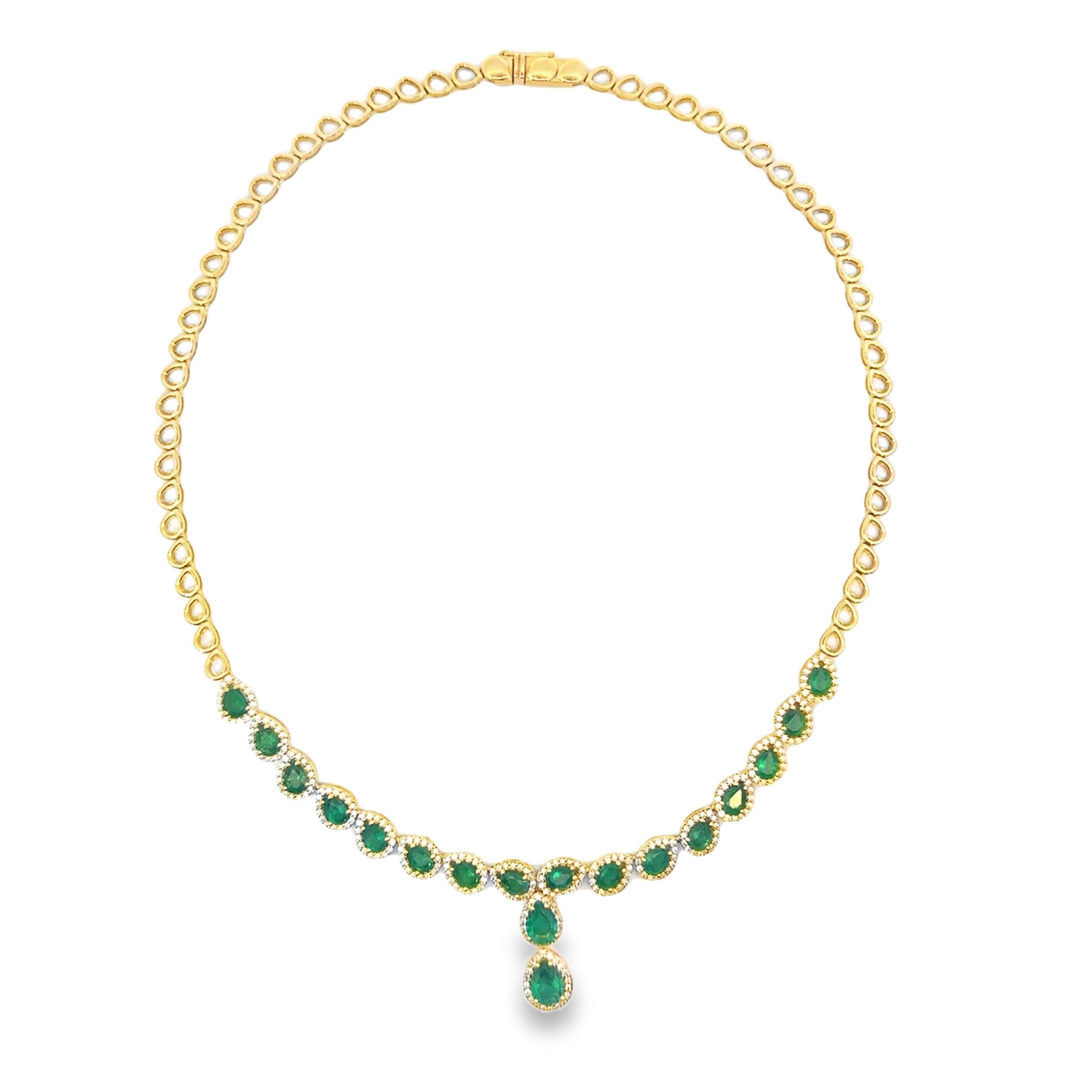 18k Yellow Gold Emerald & White Diamonds Necklace