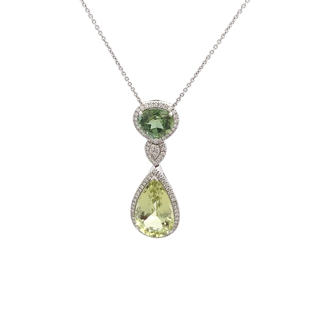 18k White Gold Green Tourmaline Green Beryl & White Diamonds Pendant
