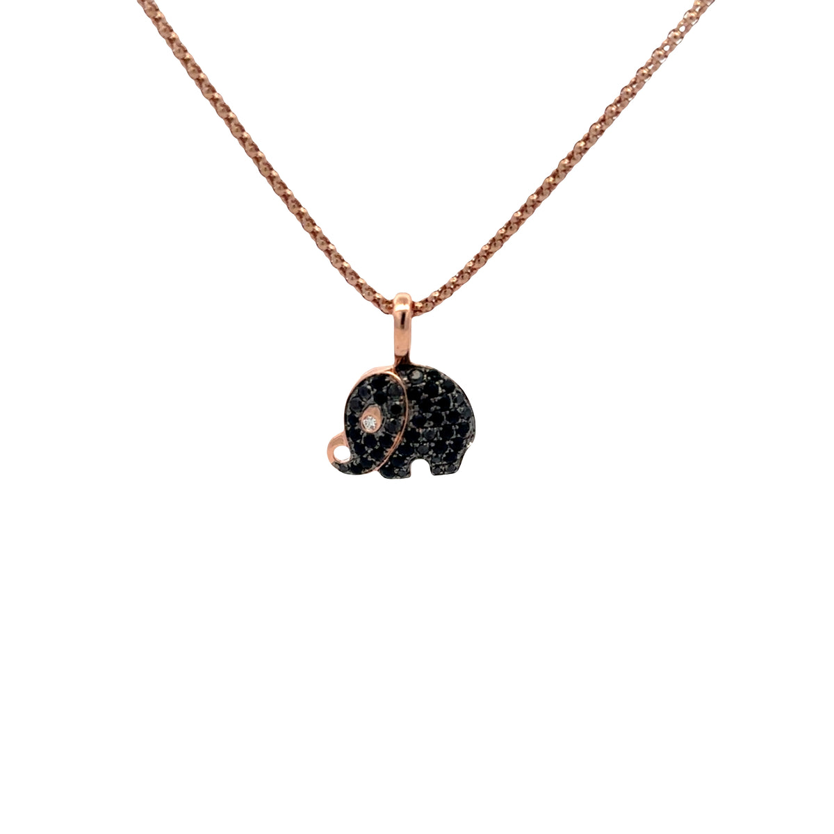 18K Rose Gold Elephant Pendant with White & Black Diamonds