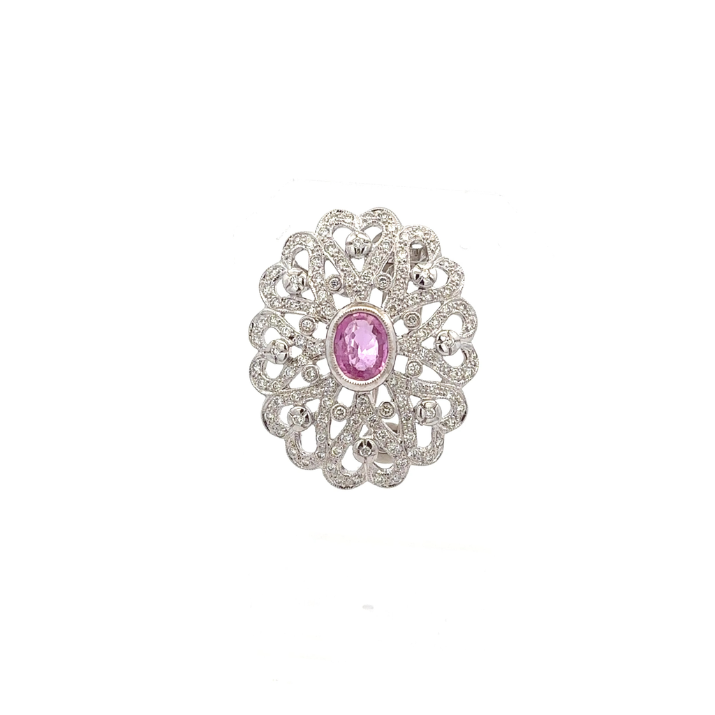 18k White Gold Pink Sapphire & White Diamonds Brooch & Pendant