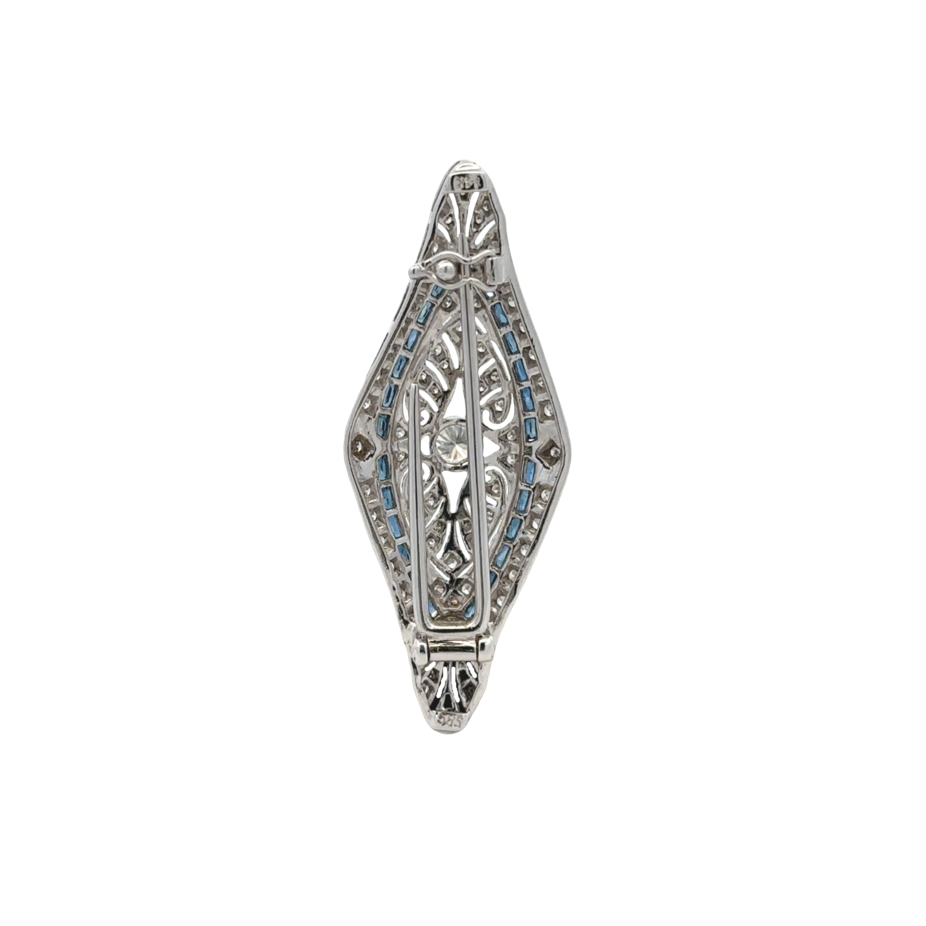14K White Gold Blue Sapphire & Diamond Brooch