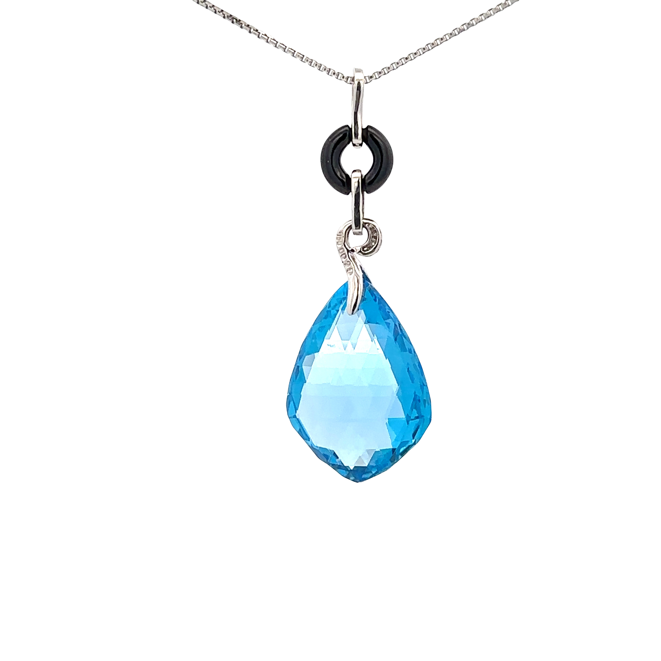 18k White Gold Swiss Blue & Onyx White Diamonds Pendant