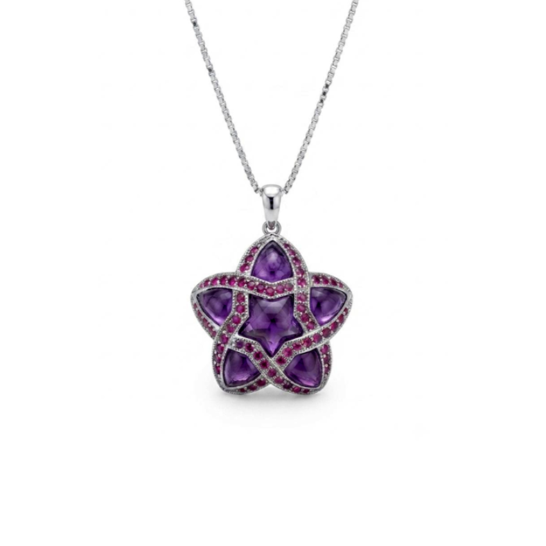 Intertwined Star Amethyst Charm Pendant in White Gold