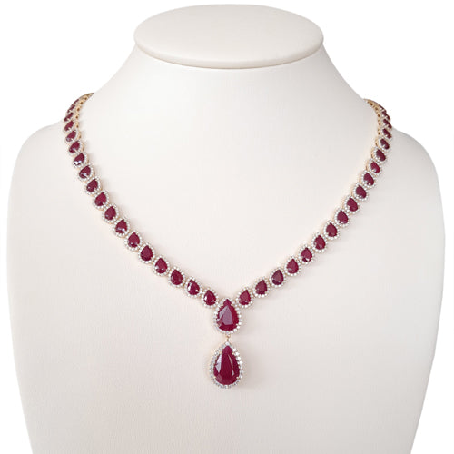 Stunning Pear Cut Ruby with White Diamonds Necklace Yellow Gold
