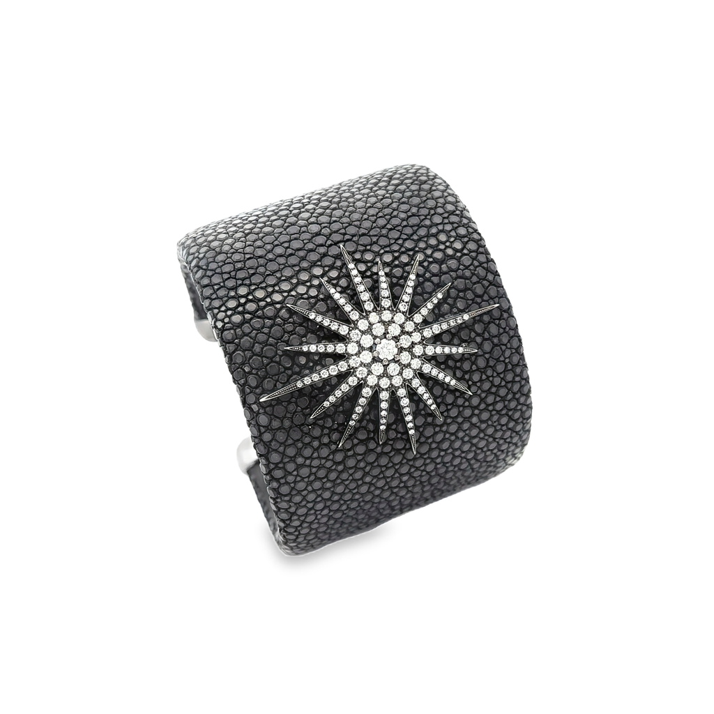 9k Black Gold White Diamonds & Leather Flat Noir 50 mm Bangle