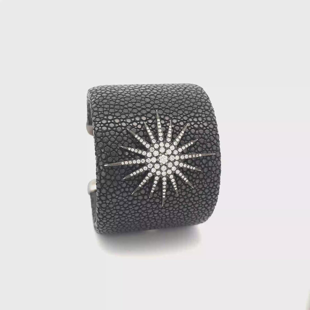 9k Black Gold White Diamonds & Leather Flat Noir 50 mm Bangle