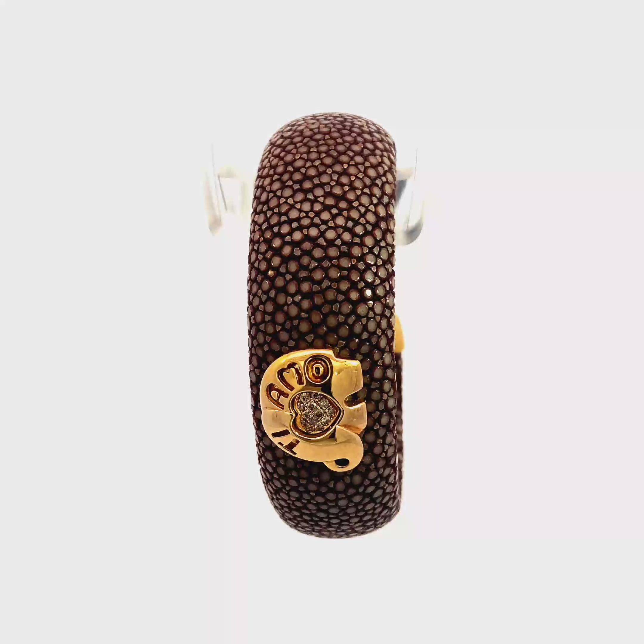 18k Yellow Gold Leather Chocolate 20mm Padded Champagne Diamonds Bangle