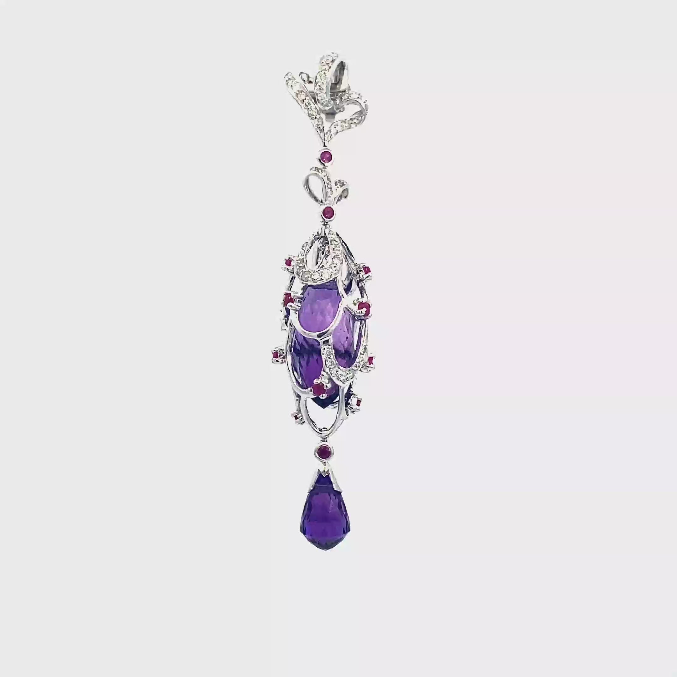 18k White Gold Amethyst & Ruby White Diamonds Pendant