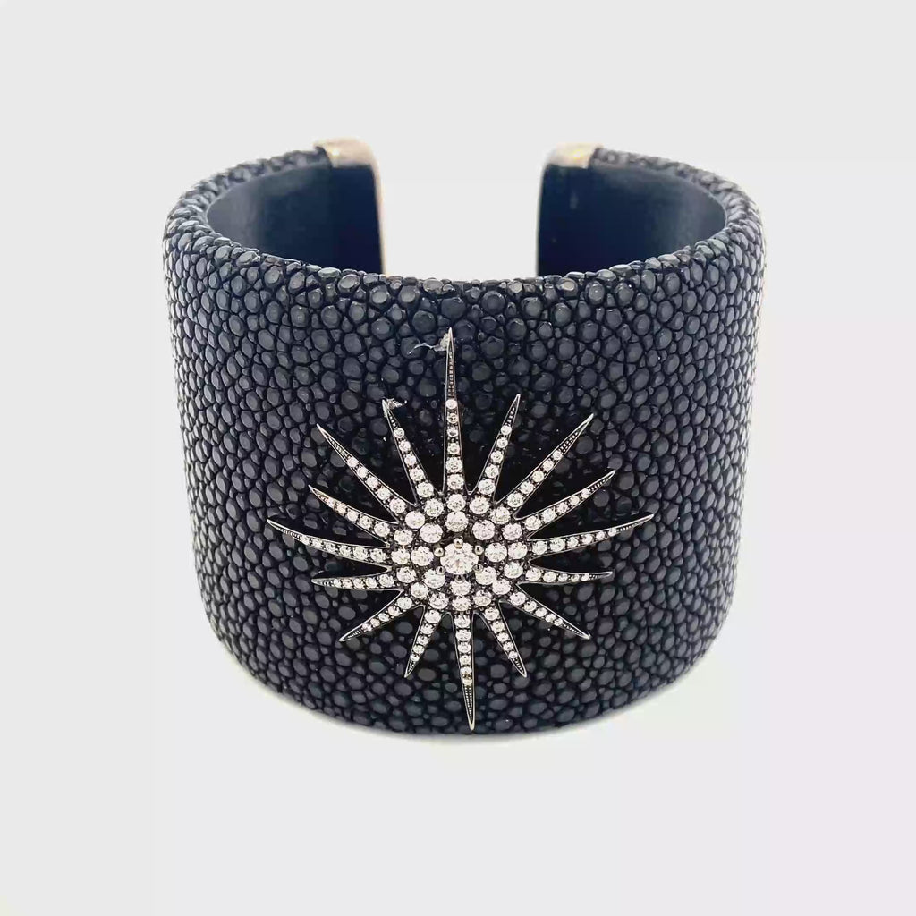 9k Black Gold White Diamonds & Leather Flat Noir 50 mm Bangle