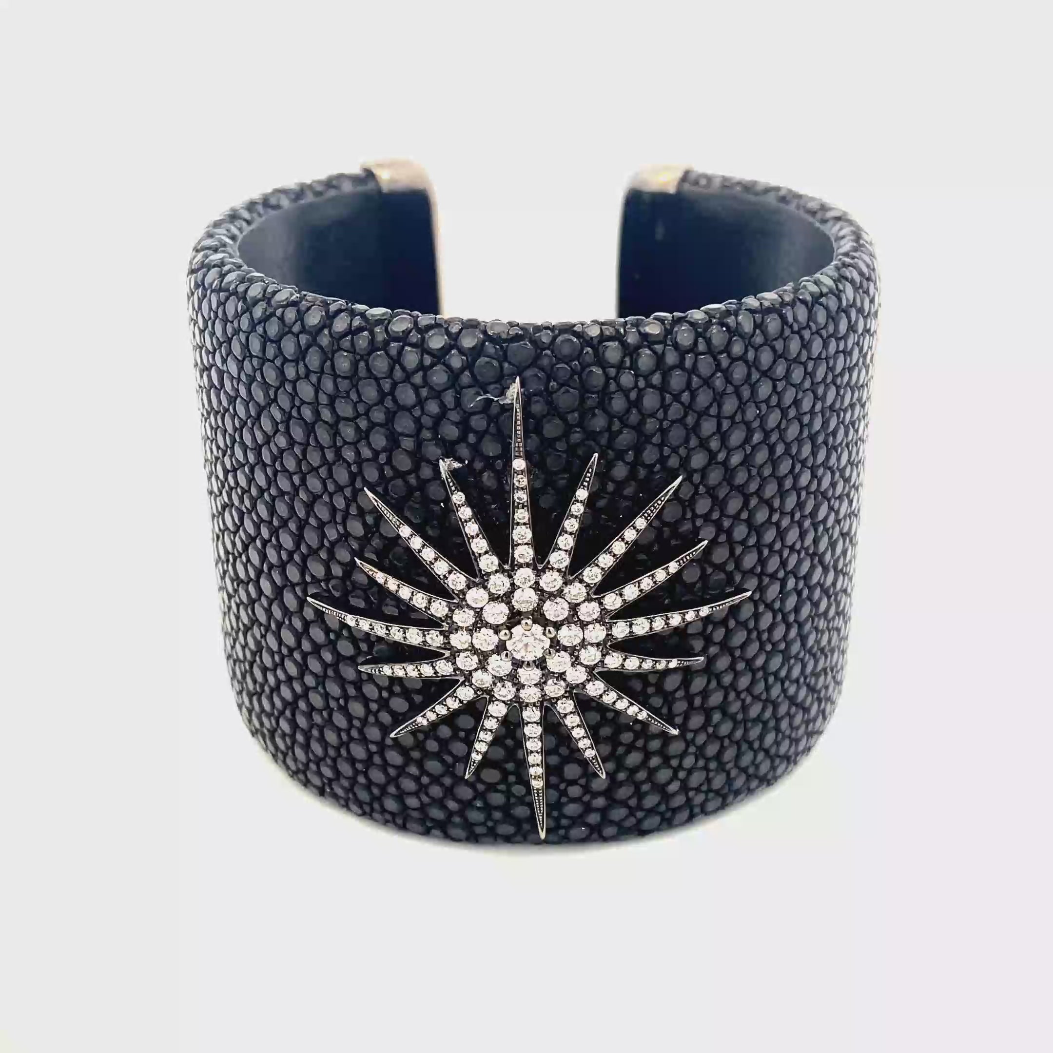 9k Black Gold White Diamonds & Leather Flat Noir 50 mm Bangle