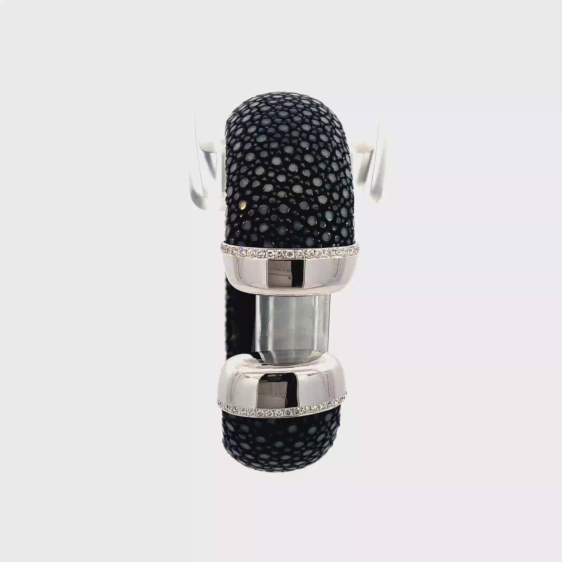 18k White Gold Leather Noir 20mm Padded White Diamonds Bangle