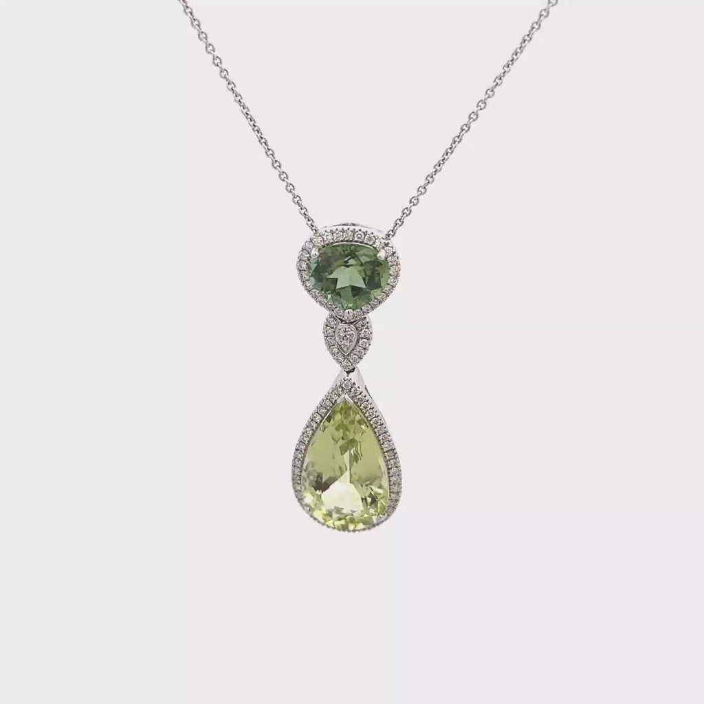 18k White Gold Green Tourmaline Green Beryl & White Diamonds Pendant
