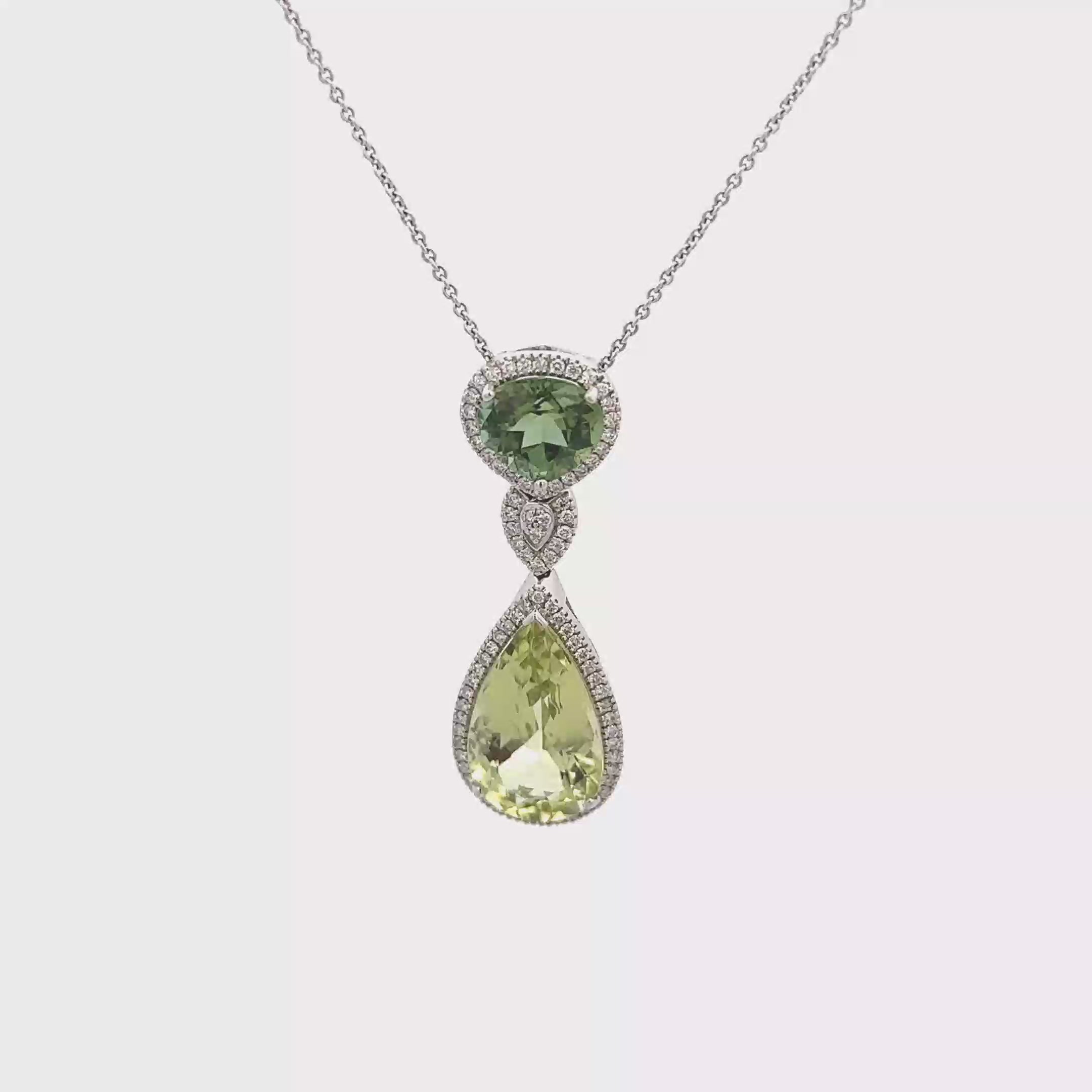 18k White Gold Green Tourmaline Green Beryl & White Diamonds Pendant