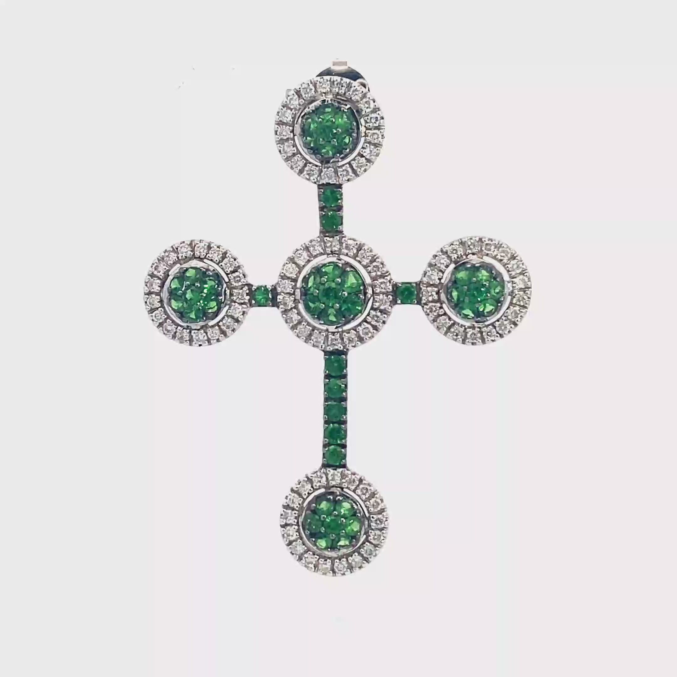 18k White Gold Tsavorites & White Diamonds Cross Pendant