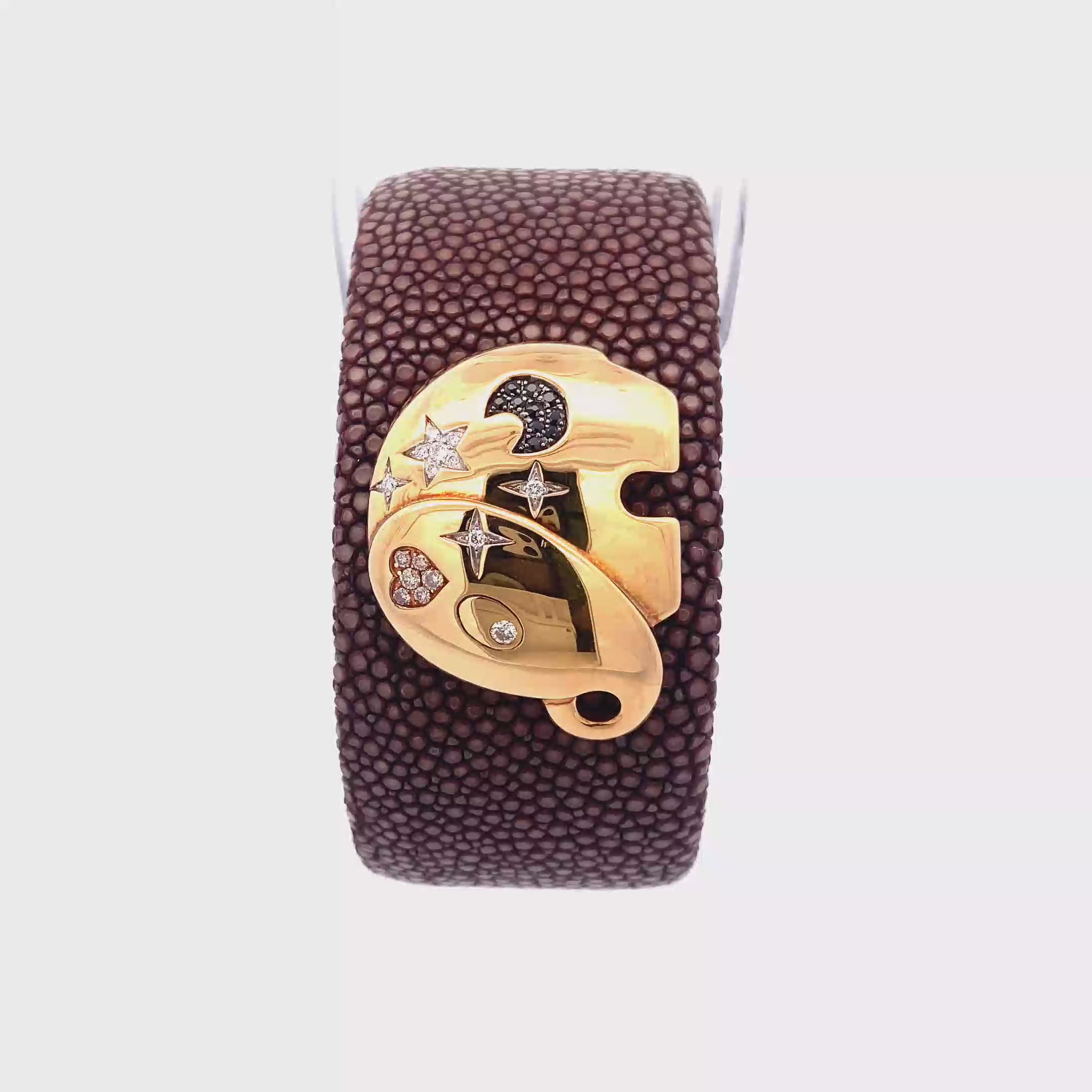 18k Yellow Gold Elephant, White Diamonds & Champagne Diamonds & Black Sapphire,Leather Chocolate 30mm Flat Bangle Cuff