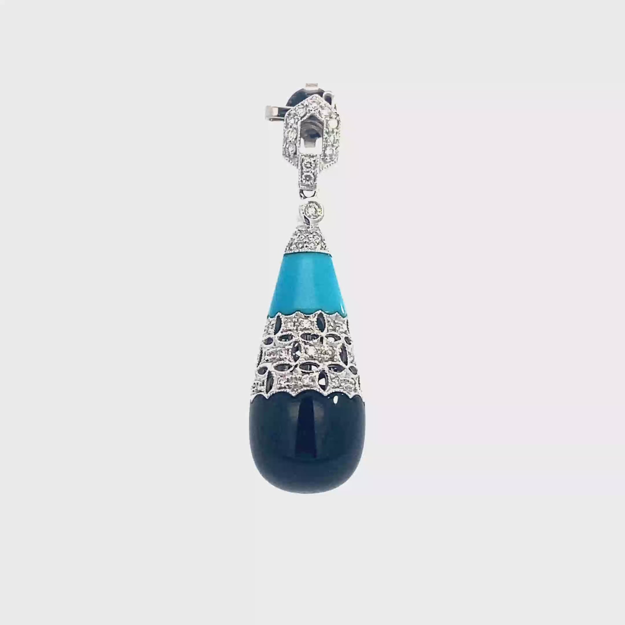 18k White Gold Turquoise & Onyx White Diamonds Pendant