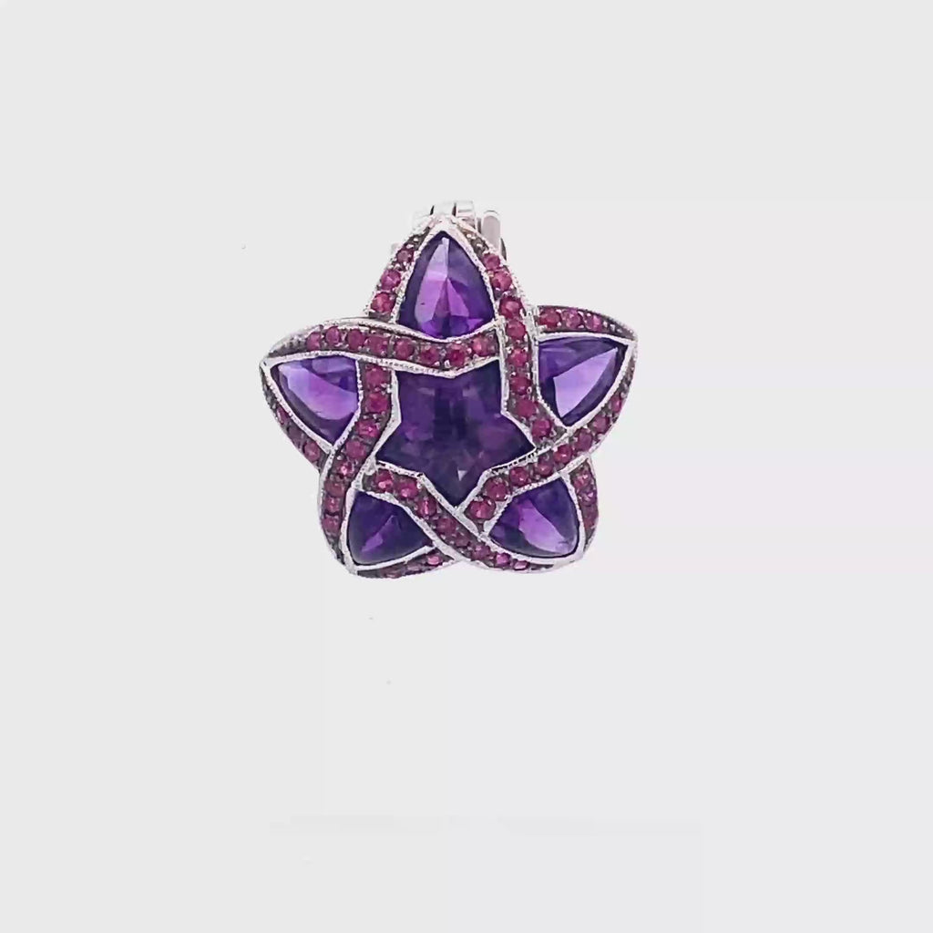 Intertwined Star Amethyst Charm Pendant in White Gold