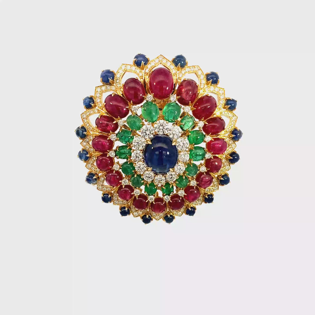 18k Yellow Gold Ruby & Sapphire & Emerald White Diamonds Pendant