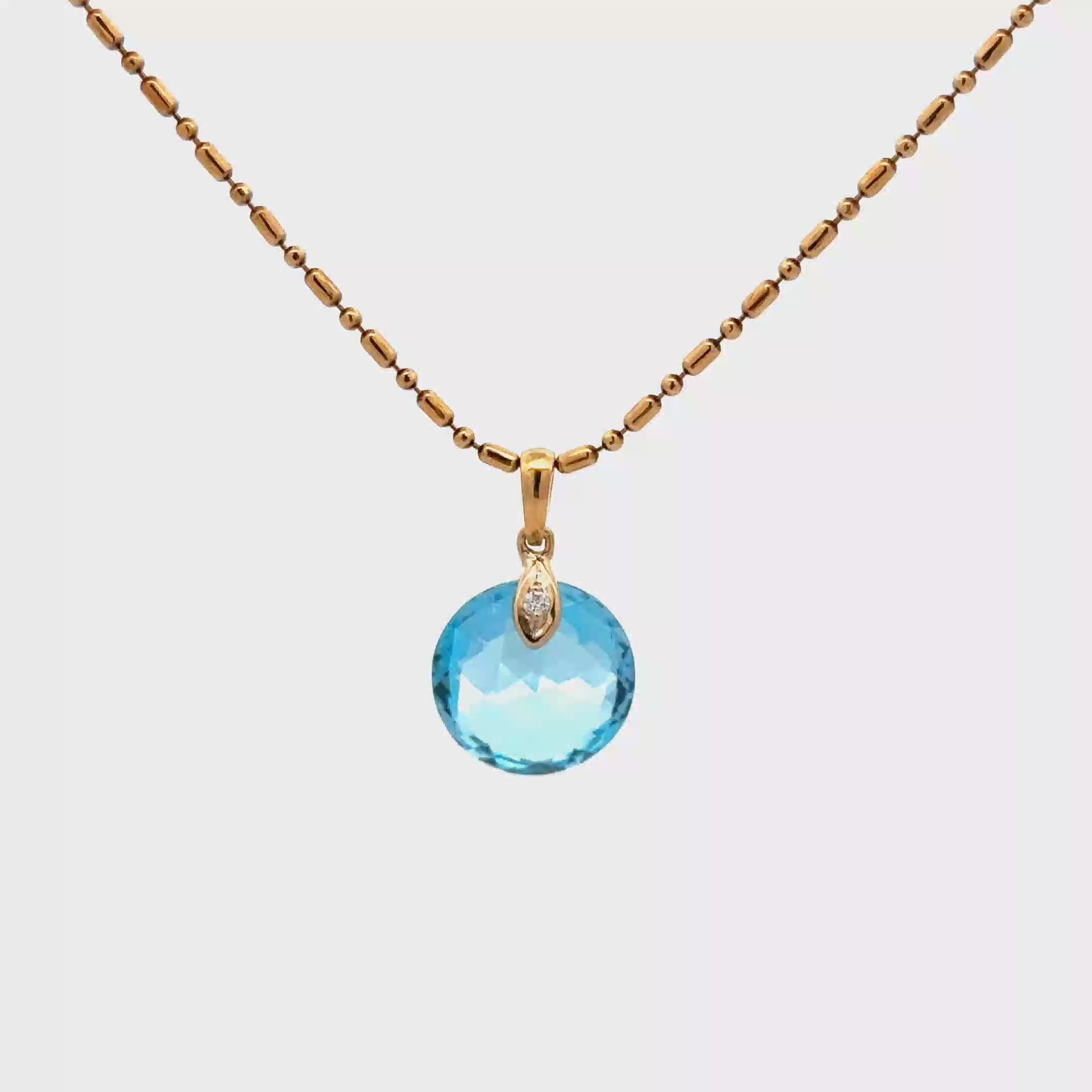 18k Yellow Gold Pendant with Swiss Blue Topaz, White Diamonds