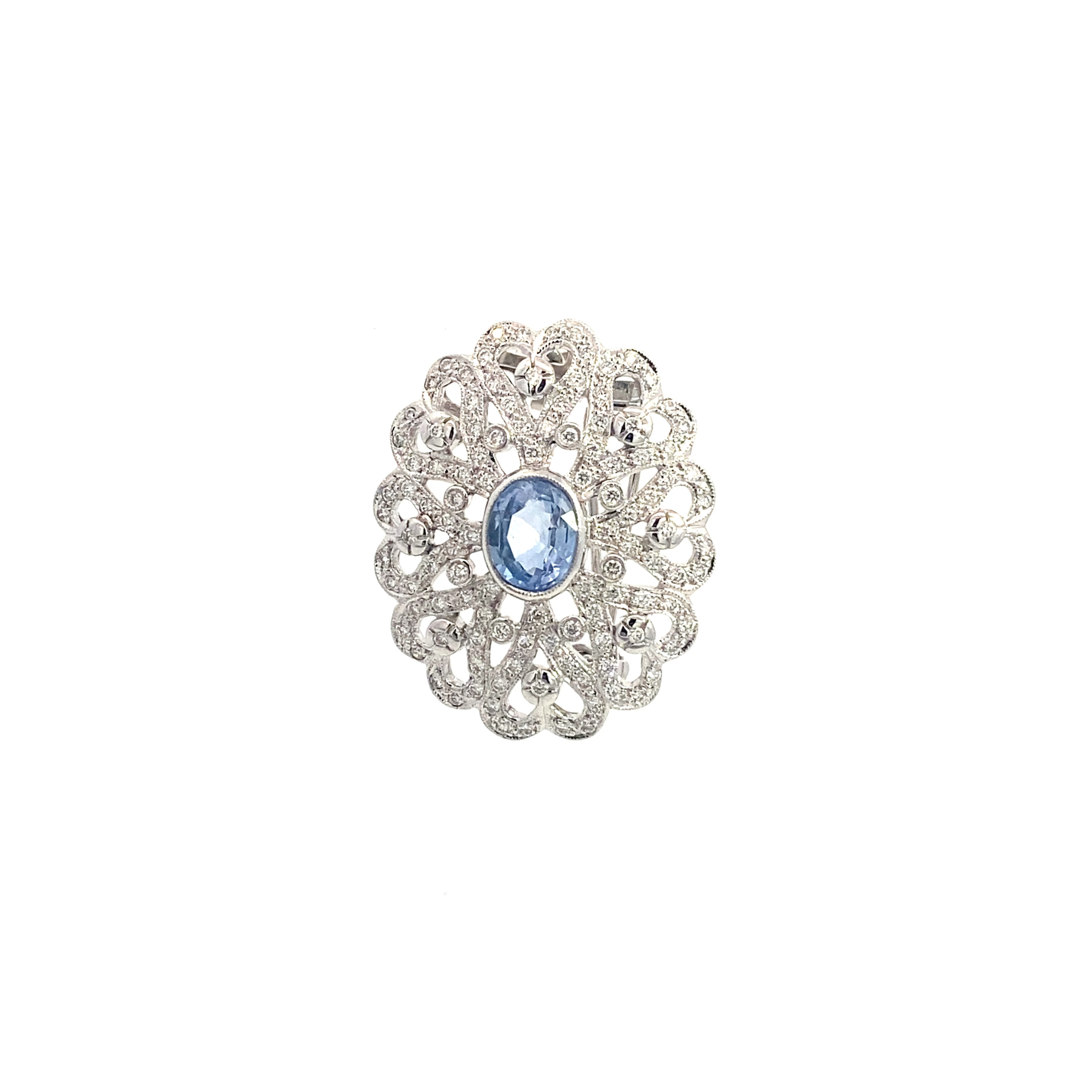 18k White Gold Blue Sapphire & White Diamonds Brooch & Pendant