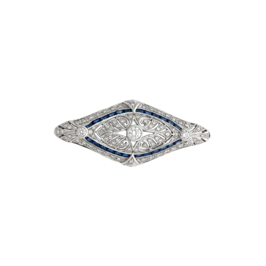 14K White Gold Blue Sapphire & Diamond Brooch