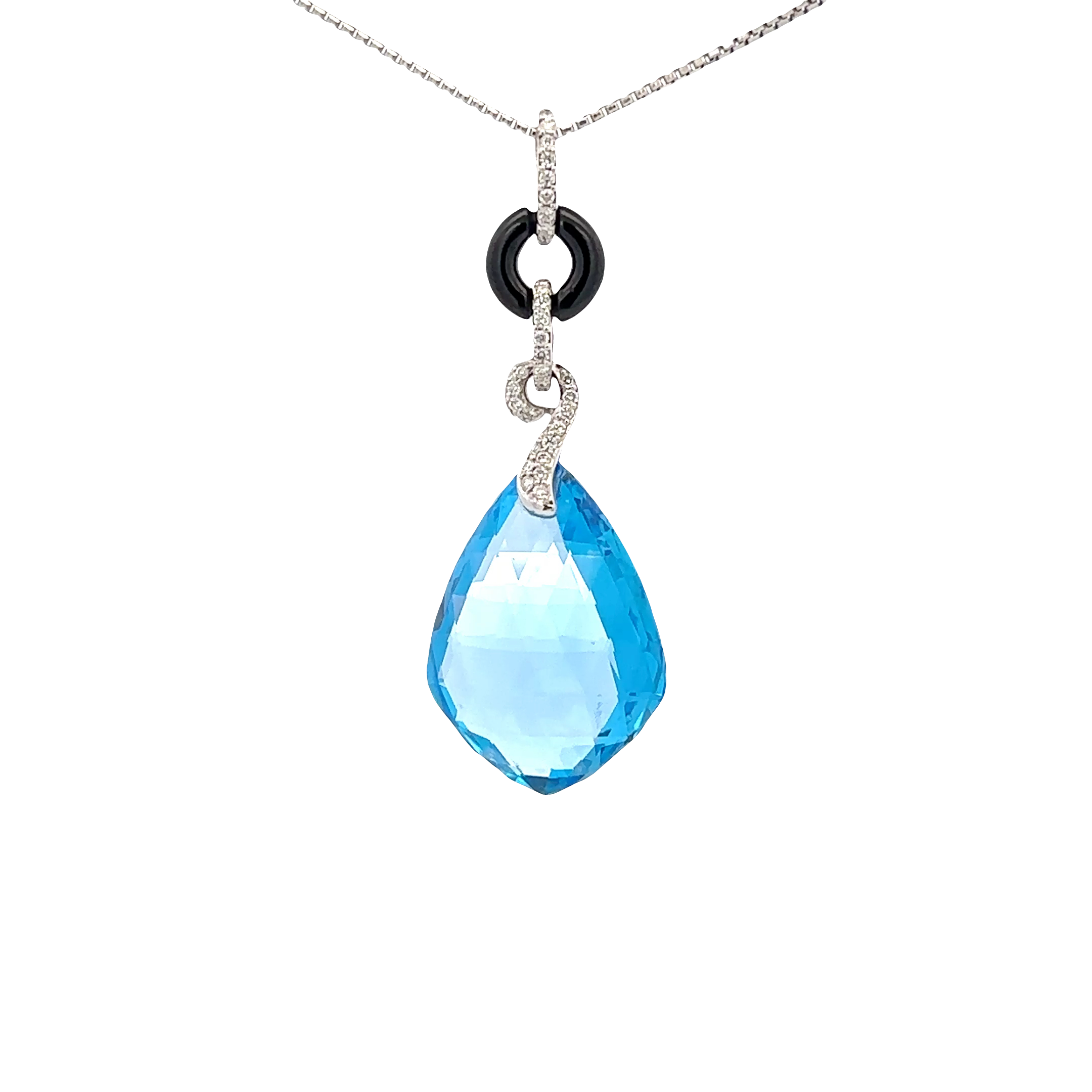 18k White Gold Swiss Blue & Onyx White Diamonds Pendant
